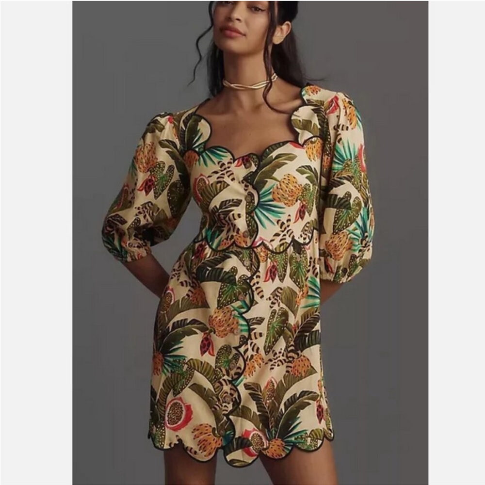 FARM Rio x Anthropologie Square-Neck Scallop-Trim Dress